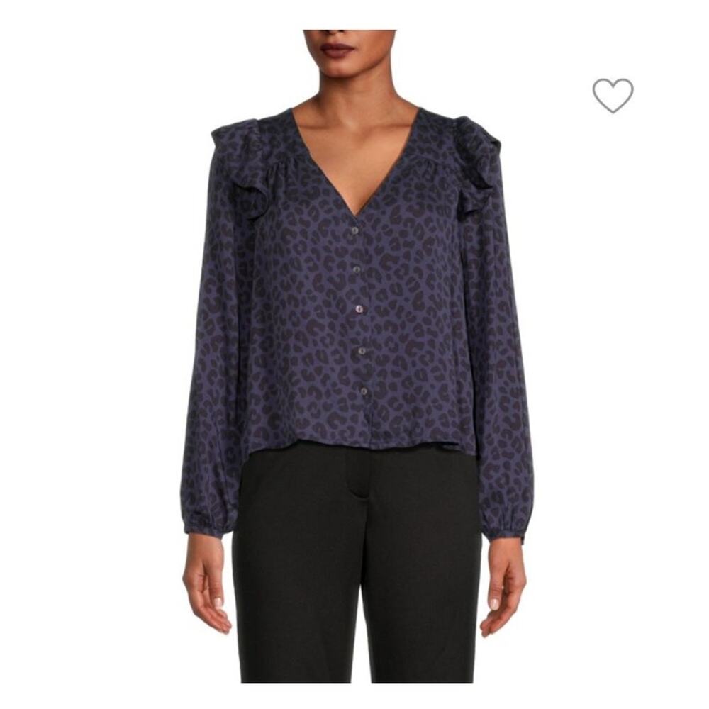 Marine Layer Women's Blue Leopard Ruffle Blouse SZ Medium